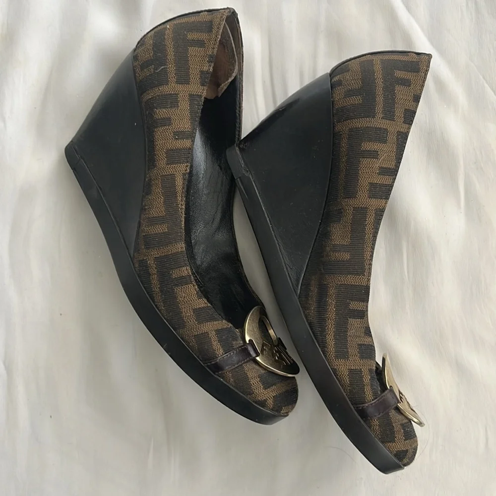Fendi Zucca Print with big metal FF logo wedge size 36 1/2 / 6 1/2 with flaws